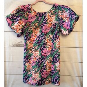 Melloday Floral Puff Sleeve Mini Dress Navy Pink Orange Green Size M